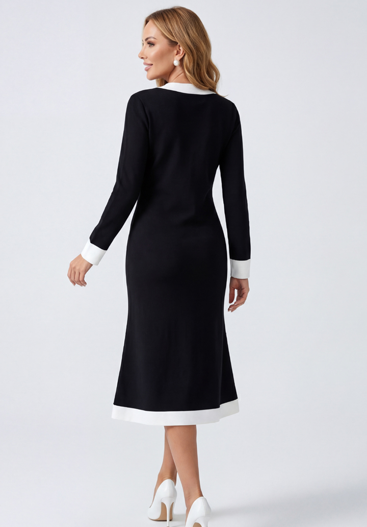 Yaka ve Manşet Detaylı Uzun Kollu Midi Boy Elbise - 4