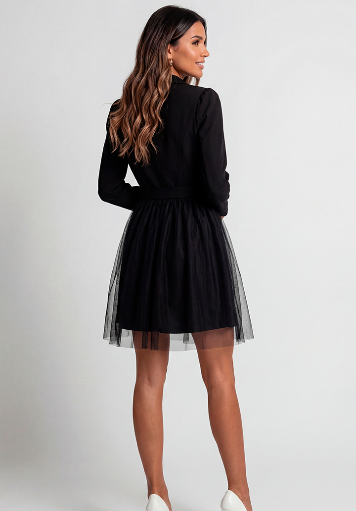 Tül Etekli Belden Kemer Detaylı Ceket Yaka Mini Boy Elbise - 4