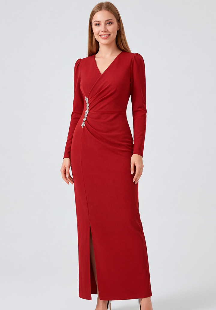 Kırmızı Uzun Kollu Özel Tasarım Yanları Taş Detaylı Yırtmaçlı Abiye Elbise - 4