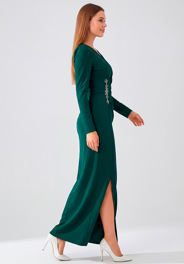 Yeşil Uzun Kollu Özel Tasarım Yanları Taş Detaylı Yırtmaçlı Abiye Elbise - 4