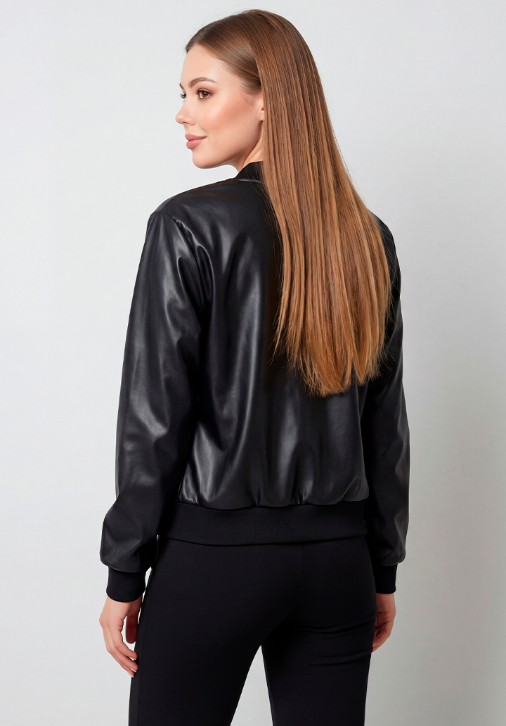 Kadın Önden Fermuarlı Ribanalı Yaka Manşet Siyah Deri Spor Ceket - 4