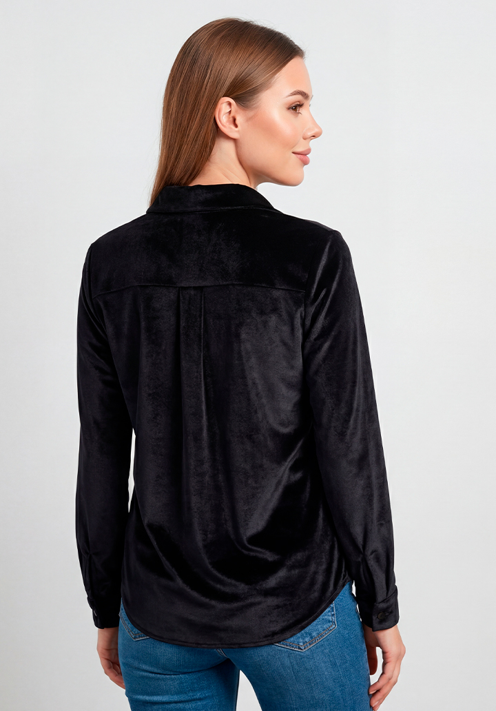 Siyah Cepli  Düğmeli Yumuşak Dokulu Günlük Şık Kadife Gömlek - 4