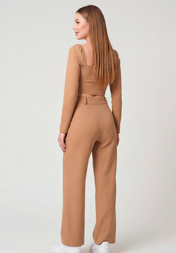 Kadın Göğüs Dekolteli Yüksek Bel Pantolon ve Crop Bluz İkili Takım - 4