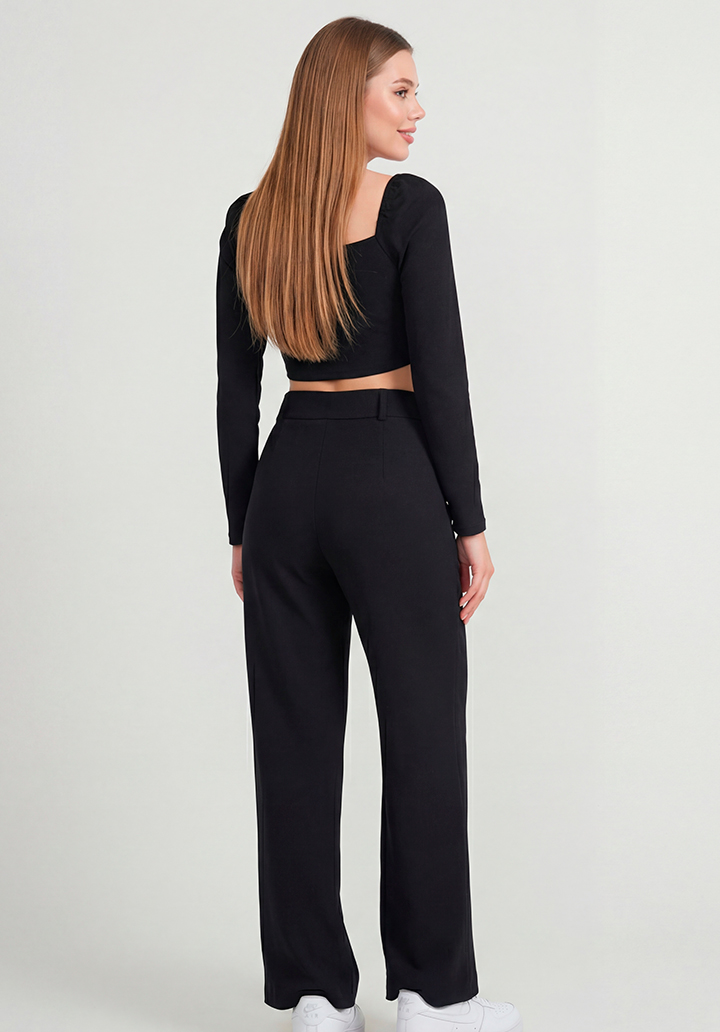 Kadın Göğüs Dekolteli Yüksek Bel Pantolon ve Crop Bluz İkili Takım - 4