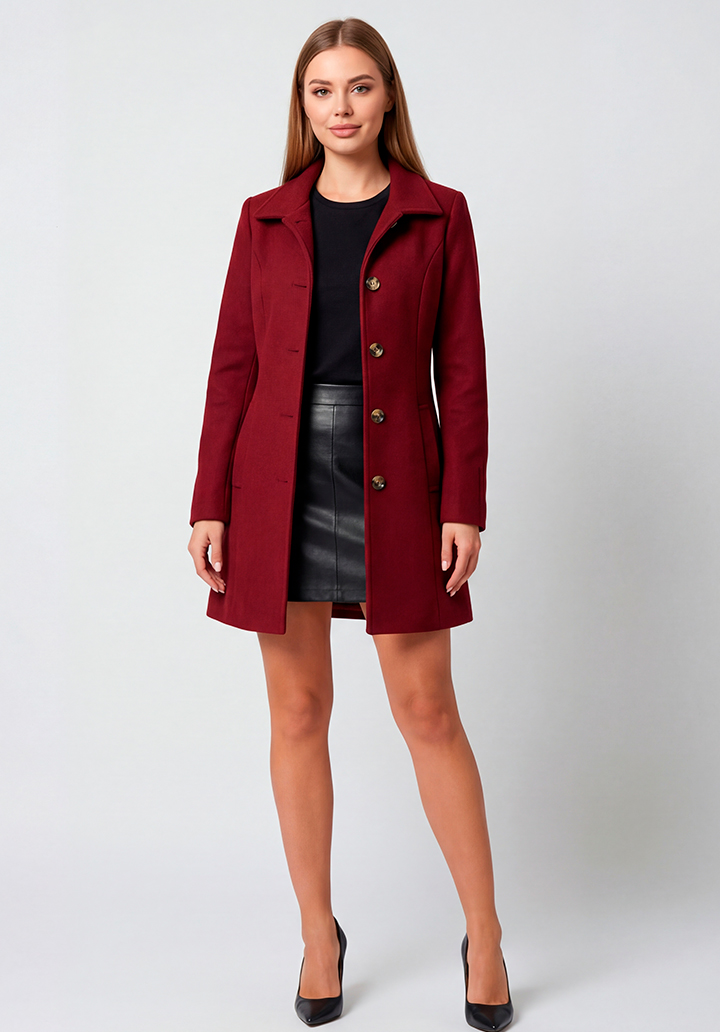 Kadın Bordo Dik Yaka Düğmeli Astarsız Kaşe Kaban - 4