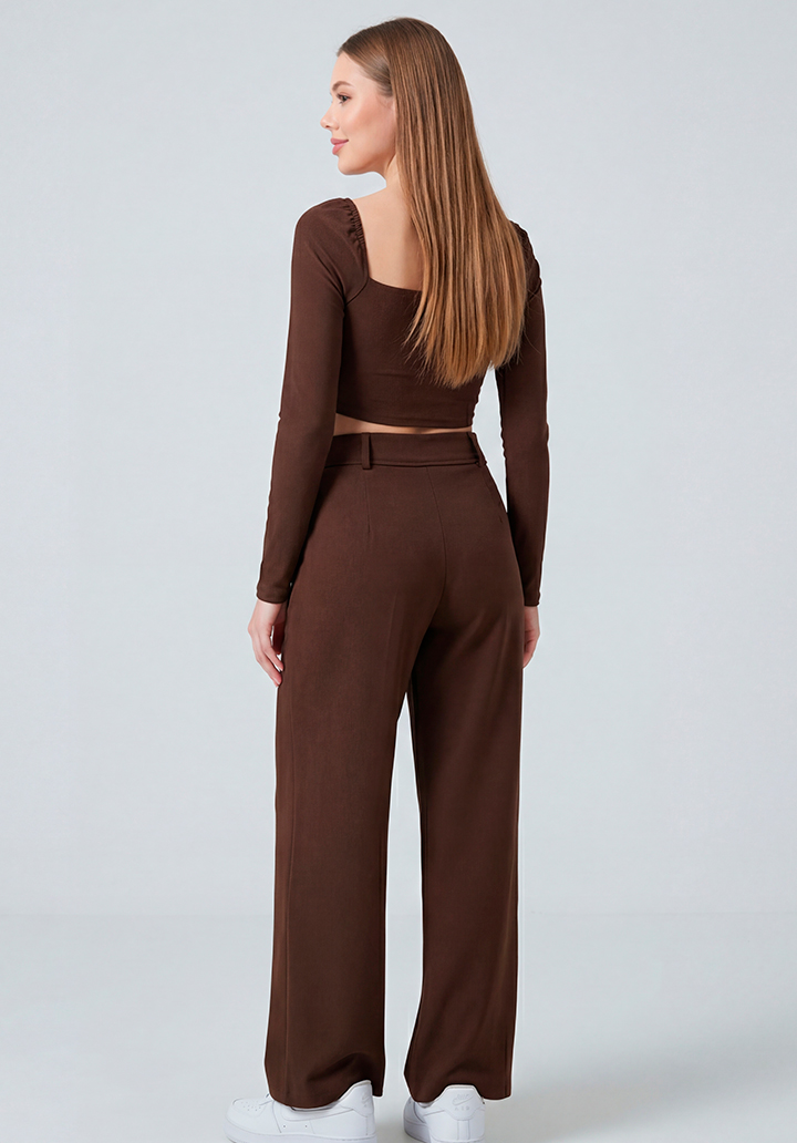 Kadın Göğüs Dekolteli Yüksek Bel Pantolon ve Crop Bluz İkili Takım - 4