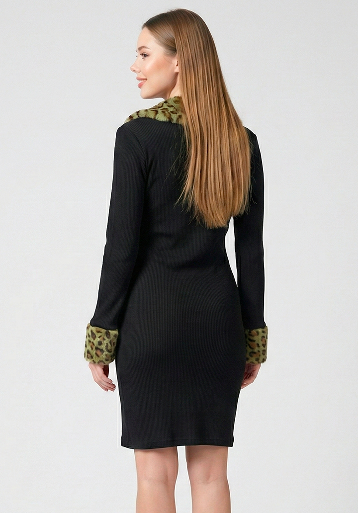 Kürk Leopar Yaka Detaylı Kaşkorse Kumaş Kalem Elbise - 4