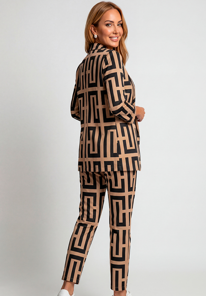 Önü Açık Geometrik Desenli Ceket Pantolon Alt Üst Takım - 4