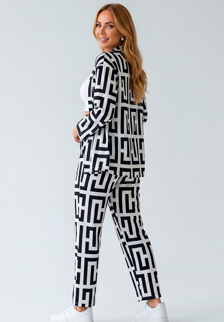 Önü Açık Geometrik Desenli Ceket Pantolon Alt Üst Takım - 4