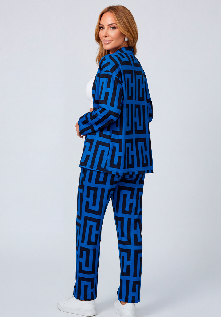 Önü Açık Geometrik Desenli Ceket Pantolon Alt Üst Takım - 4