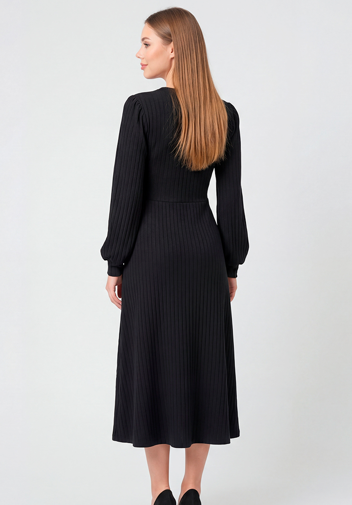 Kadın Siyah Bisiklet Yaka Belden Oturtmalı Kaşkorse Midi Boy Elbise - 4