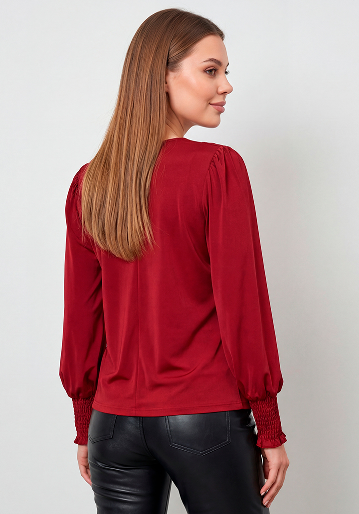 Kadın Kırmızı Kruvaze Yaka Dökümlü Kol Ucu Gipeli Şık Bluz - 4