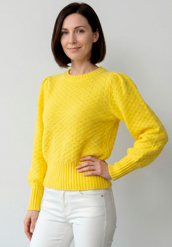 Kadın Sarı Renk Geniş Ribanalı Standart Kalıp Triko Kazak - 4