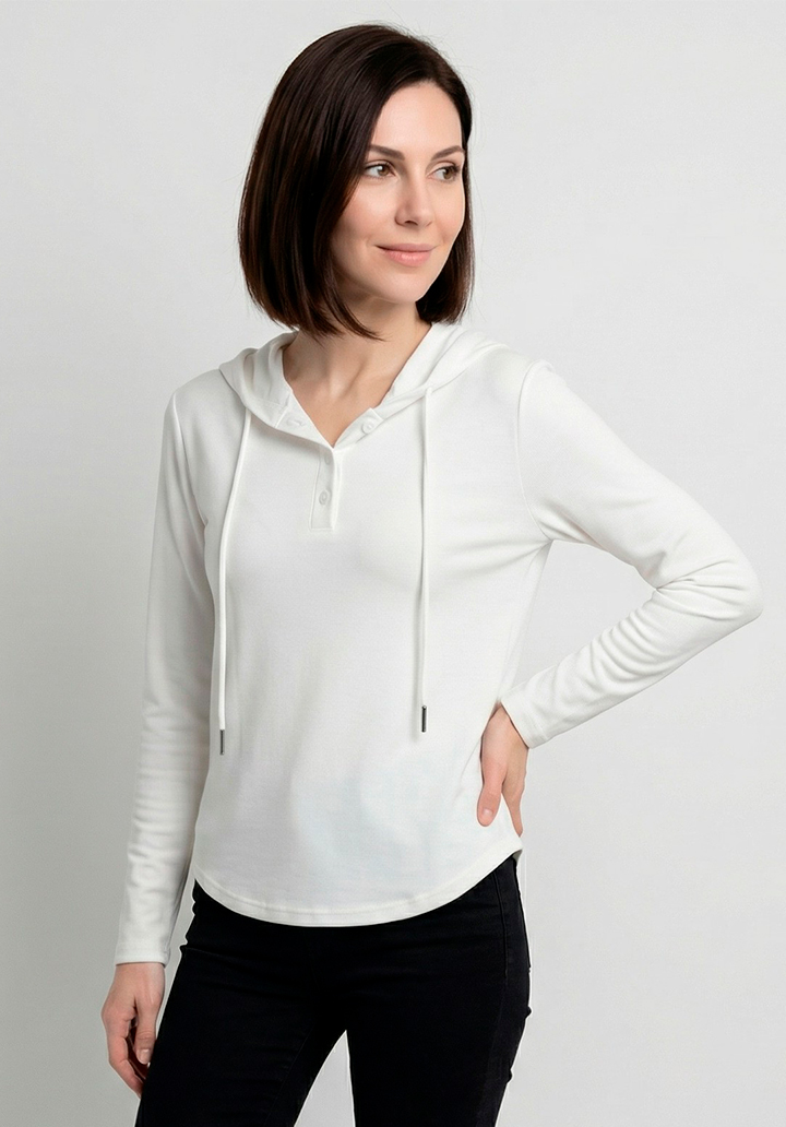 Kadın Düğme Yakalı Kapüşonlu İki İplik Bluz - 4