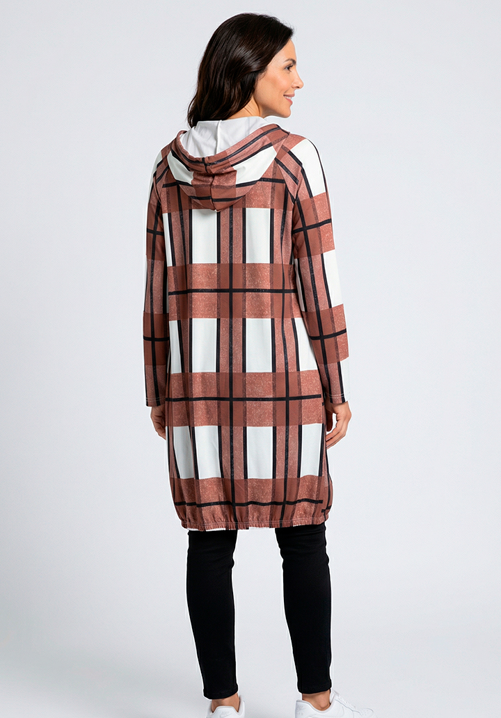 Kadın Kapüşonlu Ekose Desenli Cep Detaylı Şardonlu Ceket - 4