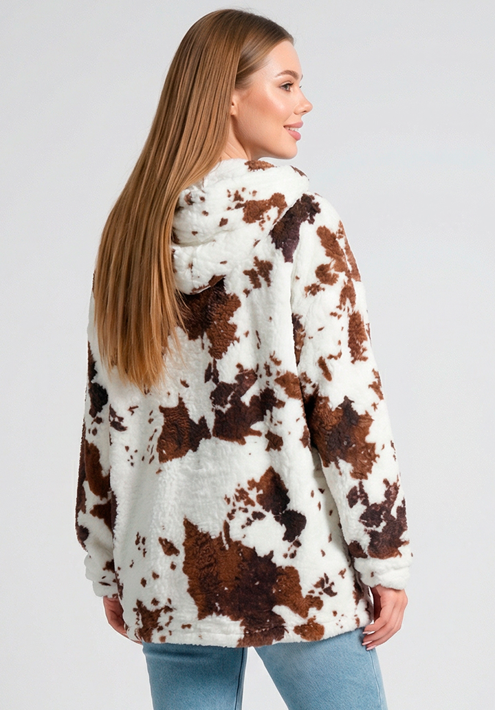 Kapüşonlu Desenli Peluş Hırka - 4