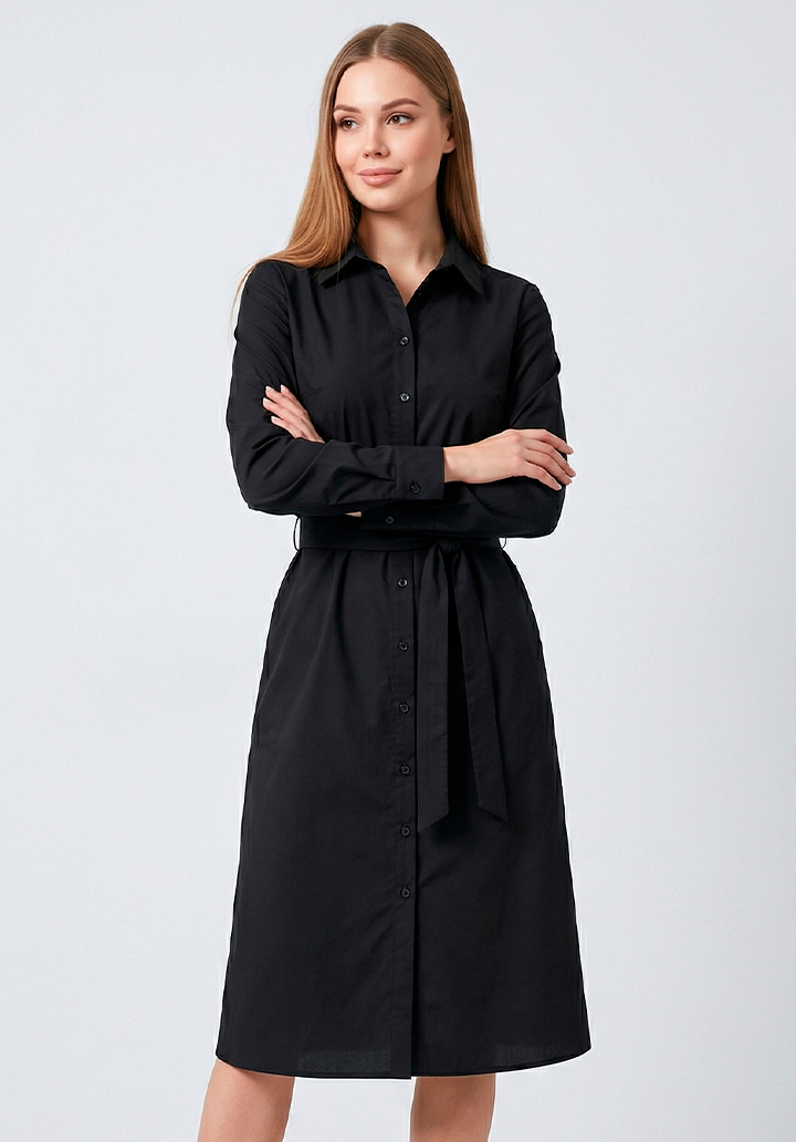 Siyah Trikoton Kumaş Kuşaklı Önden Düğmeli Midi Boy Gömlek Elbise - 4