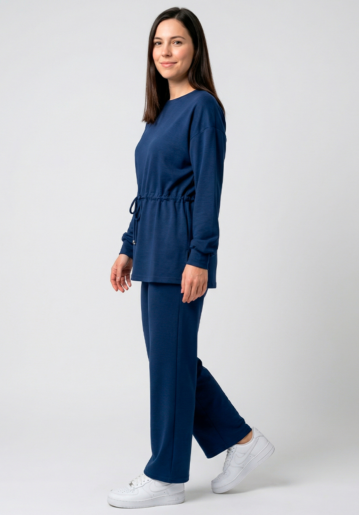 Kadın Beli Bağlamalı Büzgülü Rahat Kesim İki İplik Kumaş Alt Üst Takım - 4