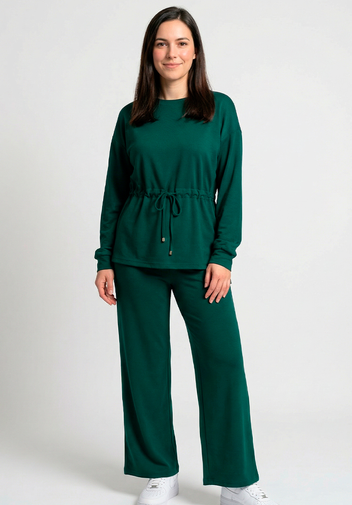 Kadın Beli Bağlamalı Büzgülü Rahat Kesim İki İplik Kumaş Alt Üst Takım - 4