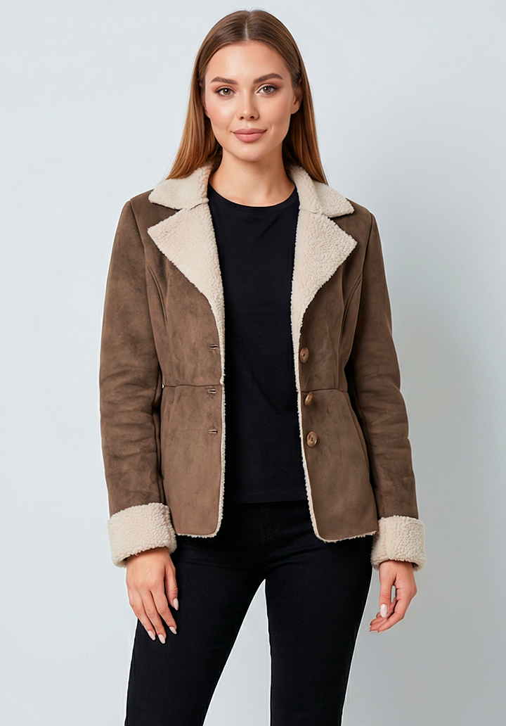 Kadın Kahverengi İçi Peluş Belden Oturtmalı Şık Süet Mont Ceket - 4