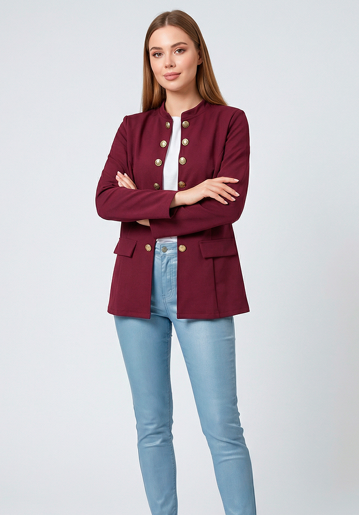 Kadın Gold Düğme Detaylı Hakim Yaka Şık Atlas Ceket - 4