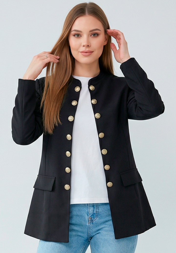 Kadın Gold Düğme Detaylı Hakim Yaka Şık Atlas Ceket - 4