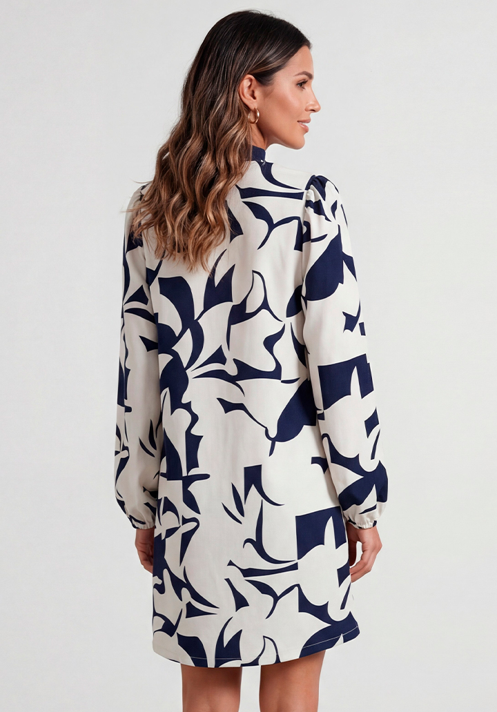 Uzun Kollu Geometrik Desenli V Yaka Kısa Elbise - 4