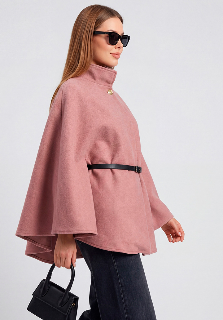 Yarım Kollu Kemerli Dik Yaka Kısa Kaşe Panço - 4