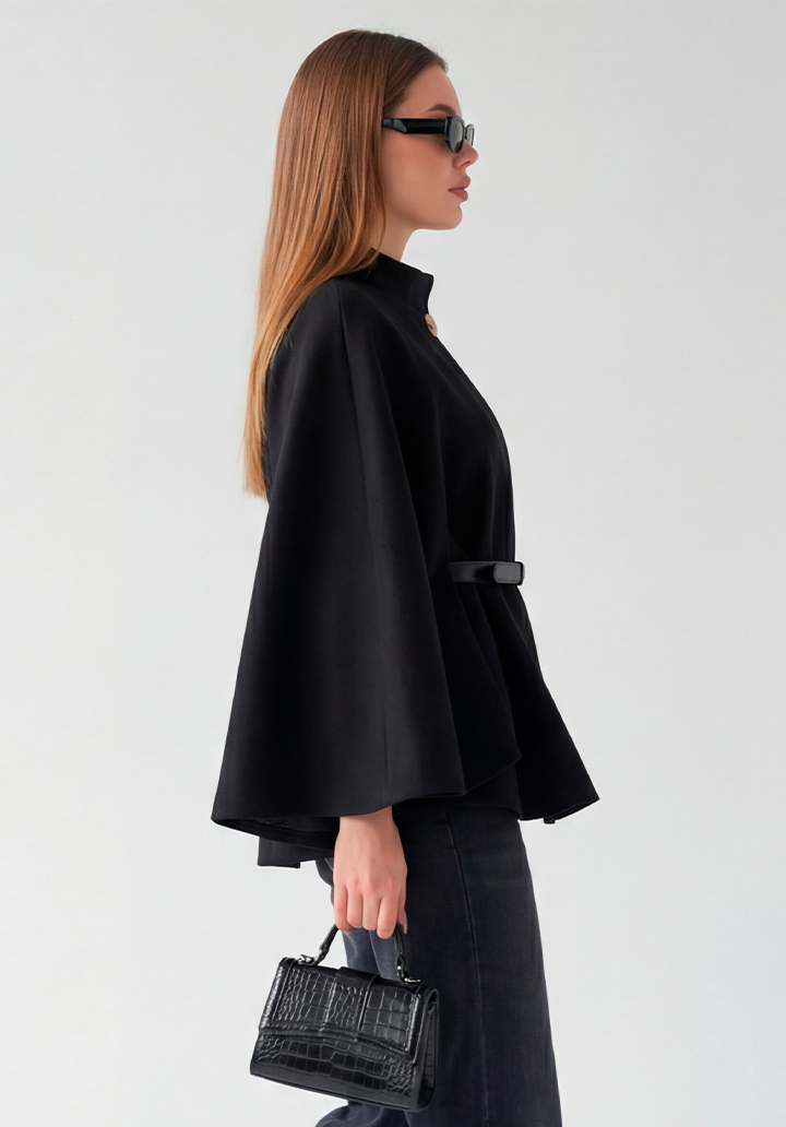 Yarım Kollu Kemerli Dik Yaka Kısa Kaşe Panço - 4