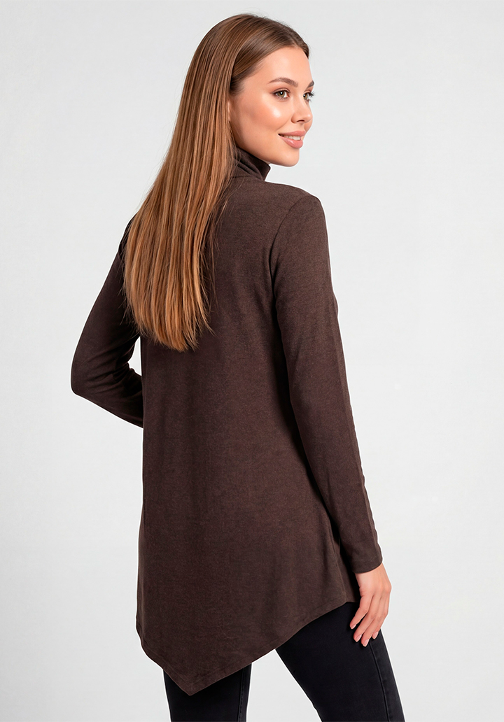 Yün Viskon Boğazlı Asimetrik Kesim Uzun Kahverengi Tunik - 4