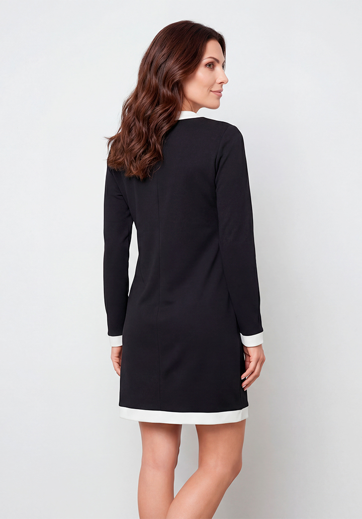 Uzun Kollu Siyah Beyaz Renk Bloklu V Yaka Mini Elbise - 4