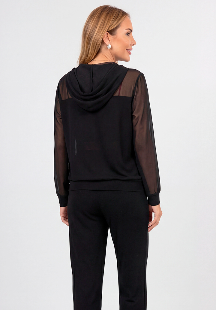 Siyah Tül Detaylı Kapüşonlu Önü Düğmeli Ceket ve Pantolon Alt Üst Takım - 4