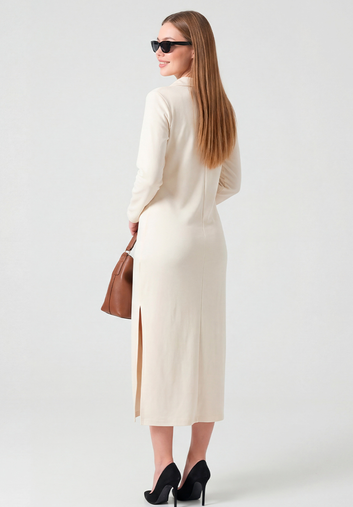 Beyaz Polo Yaka Yırtmaçlı Uzun Kollu Midi Boy Elbise - 4
