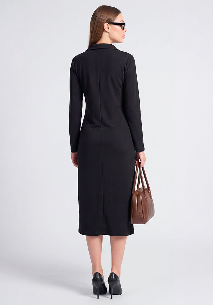 Siyah Polo Yaka Yırtmaçlı Uzun Kollu Midi Boy Elbise - 4