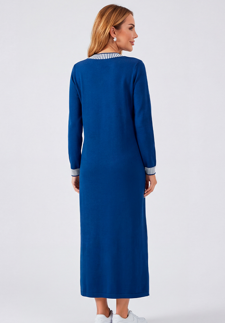 Casual Mavi Uzun Kol Çizgili Yaka Detaylı İki İplik Elbise - 4