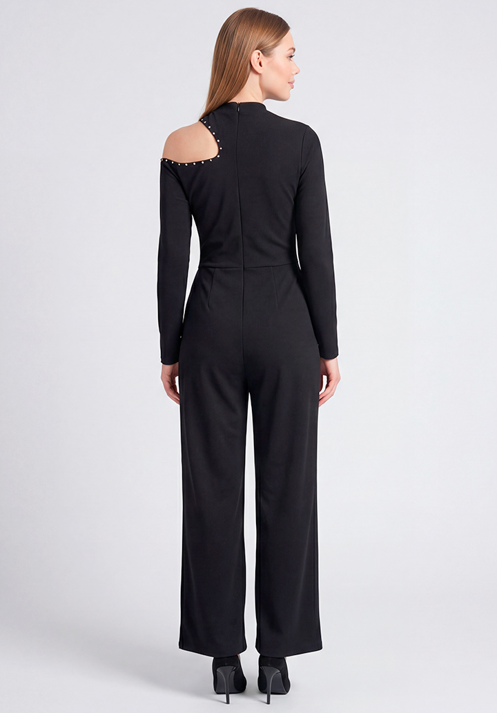 Siyah İnci Detaylı Tek Omuz Açık Balıkçı Yaka Uzun Kol Tulum - 4