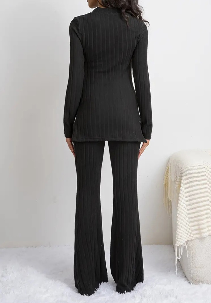 Kadın Uzun Kollu Yuvarlak Yaka Yandan Yırtmaç Detaylı şardonlu Kaşkorse Bluz Ve Pantolon Ikili Takım - 4