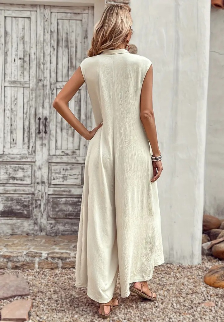 Kadın Kısa Kollu Önden Düğmeli Paçaya Doğru Geniş Cepli Uzun Bürümcük Tulum - 4