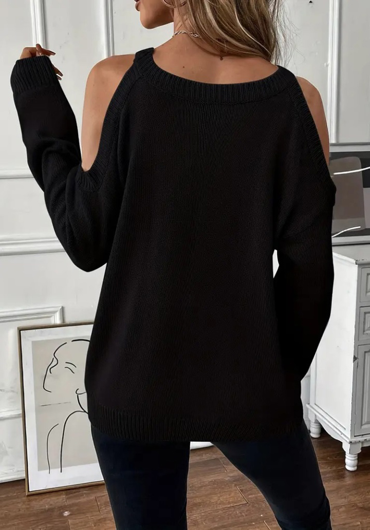 Kadın Uzun Kollu Omuzlardan Açık Askılı Yuvarlak Yaka Triko Bluz  - 4