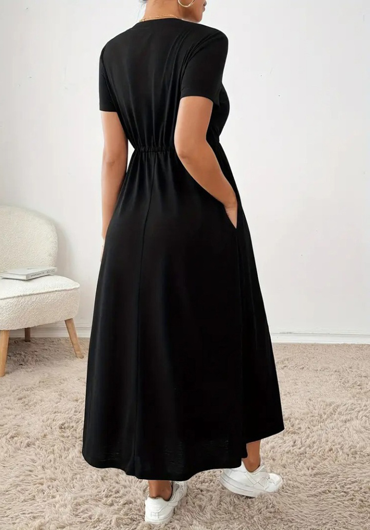 Kadın Kısa Kollu Bisiklet Yaka Belden Bağlamalı Maksi Boy Viskon Elbise - 4