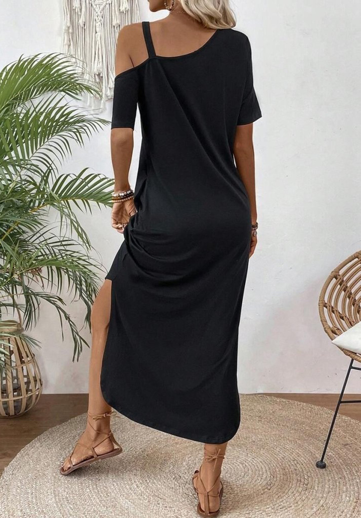 Kadın Tek Omuzdan Açık Toka Detaylı Yandan Yırtmaçlı Maksi Boy Viskon Elbise  - 4