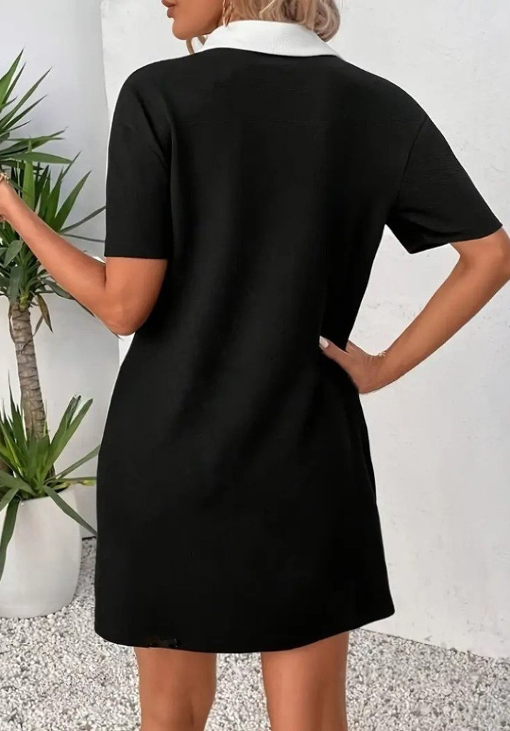 Kadın Kısa Boylu Yakalı Blok Renkli Krep Elbise  - 4