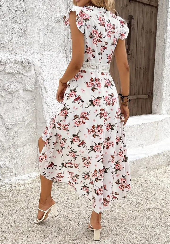 Kadın Kısa Kollu V Yakalı Çiçek Desenli Önü Kısa Arkası Uzun Süprem Elbise - 4