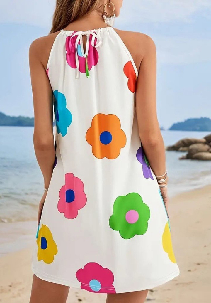 Kadın Boyundan Askılı Kolsuz Çiçek Desenli Süprem Elbise - 4