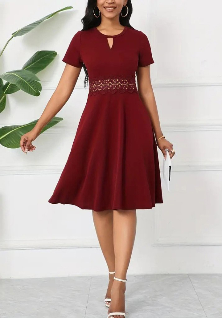 Kadın Kısa Kollu Yuvarlak Yaka Damla Detaylı Janjan Elbise - 4