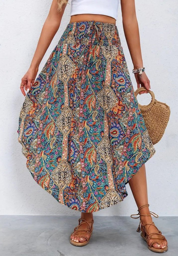 Kadın Beli Lastikli Bağcıklı Asimetrik Kesim Detaylı Desenli Bürümcük Etek - 4