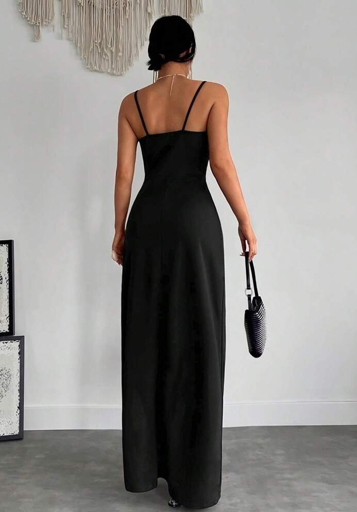 Kadın Askılı Kruvaze Yakalı Yırtmaçlı Krep Elbise - 4