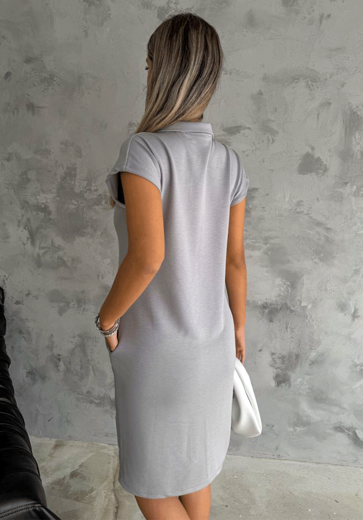 Kadın Gömlek Yaka Cepli Elbise - Gri - 4