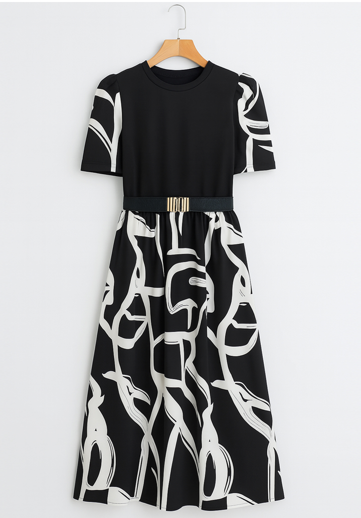 Kadın Kısa Kollu Yarı Balıkçı Yaka Üst Viskon Alt Desenli Dokuma Midi Elbise (Kemersiz) - 4