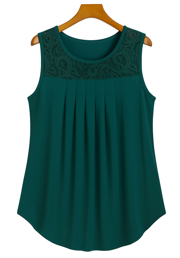 Kadın Kolsuz Bisiklet Yaka Dantelli Viskon Bluz - Yeşil - 4